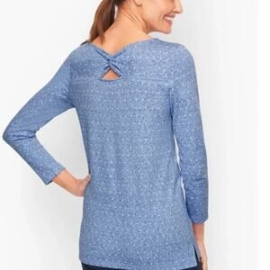 T by Talbots Blue White Jacquard Dot Twist Black 3/4 Sleeve Top Women's Size XS